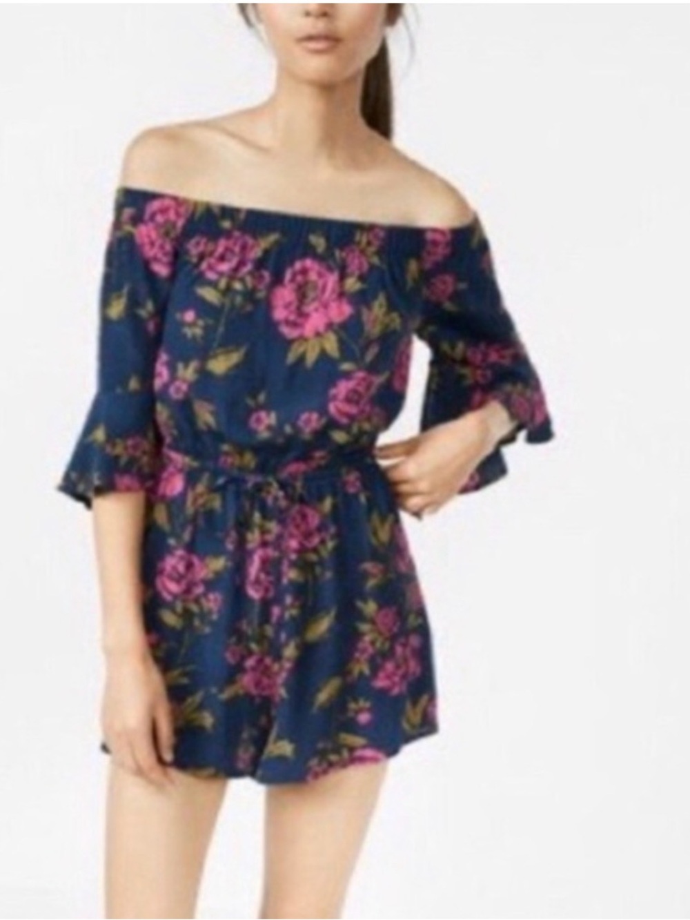 Express floral bell sleeved off the shoulder romper